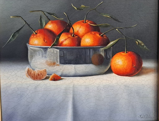 still life with oranges in a silver bowl