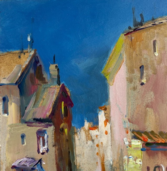 Image 1 of Origineel olieverfschilderij: Stadslandschap aan de rivier, schaduwen van het stadsleven