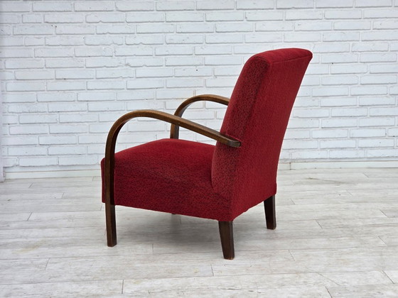 Image 1 of Sillón danés art déco de la década de 1950, tapizado en lana roja original y madera de haya.