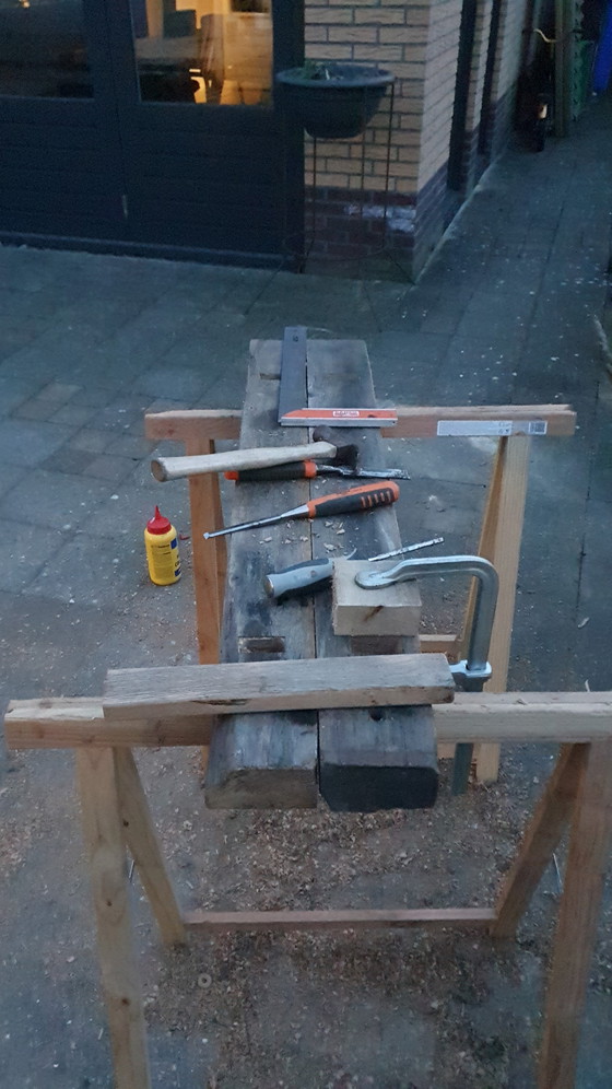 Image 1 of Oak bench made from old wagon planks 140x26x50 cm