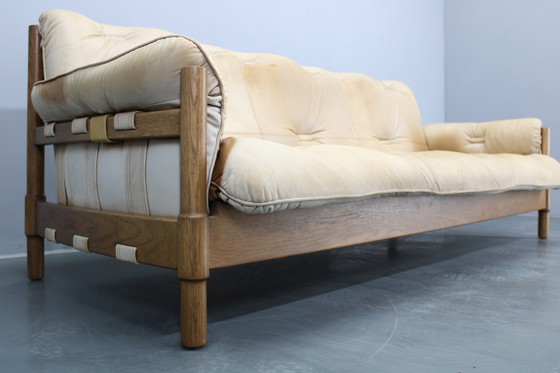 Image 1 of Eiken Scandinavische 3-zitsbank uit 1960 met lederen bekleding