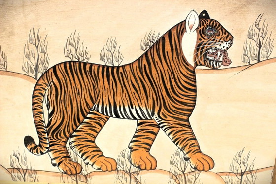 Artiste Inconnu - Tigre dans Cadre en Bambou – Art Décoratif Exotique – Style Années 70 – Peintures et dessins (photo 4 of 6)