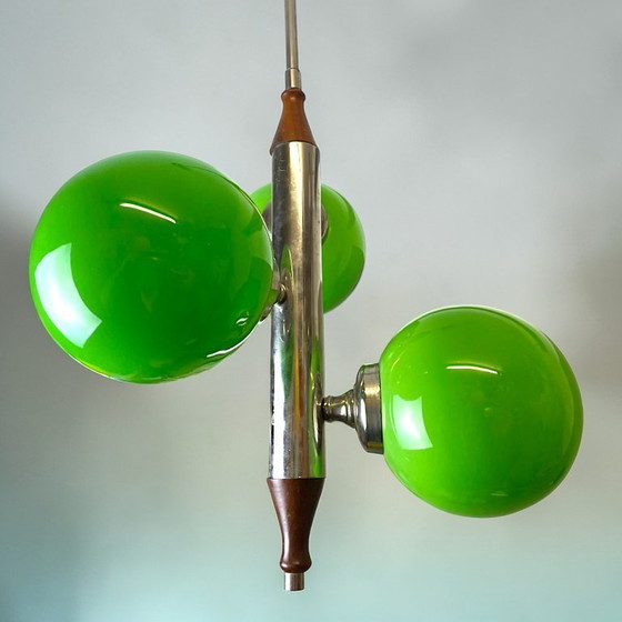 Image 1 of Portuguese Mid Century Modern Space Age chandelier clustered hanging lamp with 3 green globes, 1960s