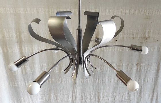 Image 1 of Lustre 6 feux Space-Age en métal chromé et brossé - années 70