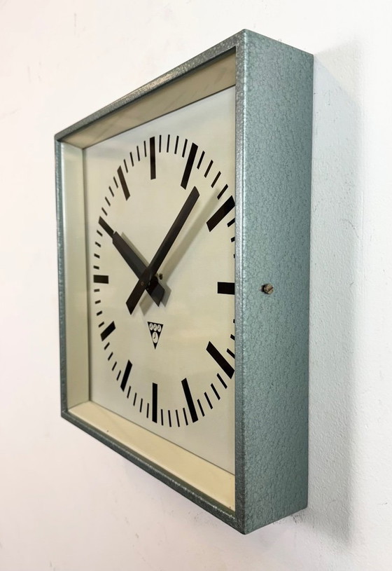 Image 1 of Green Industrial Square Wall Clock from Pragotron, 1970s