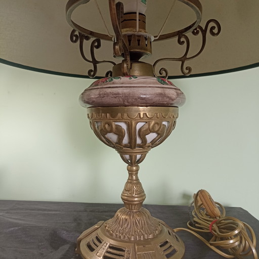 Antique Art Deco Table Lamp with Hand-Painted Earthenware – ca. 1920/1930 (Original Shade) – tafellampen (photo 2 of 6)
