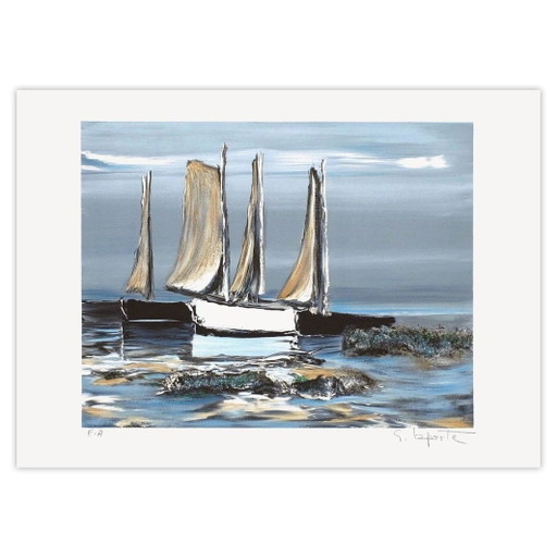 Litografía firmada por Georges Laporte: Veleros en marea baja, 1995 – lithos zeefdrukken, Paper
