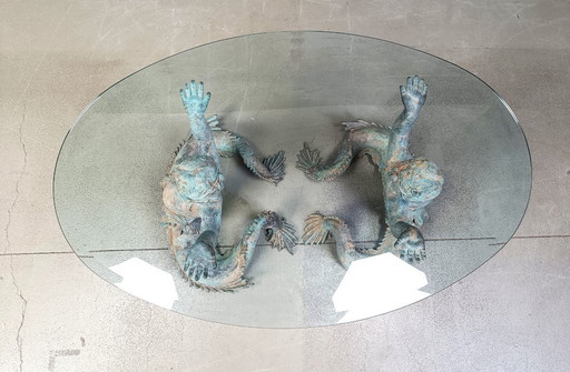 Vintage Bronze Putti Mermen Coffee Table, 1960s