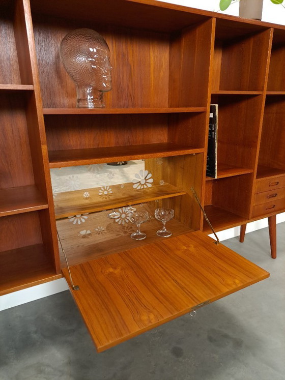 Image 1 of Danish teak wide LP cabinet with shelves, drawers and bar with mirror