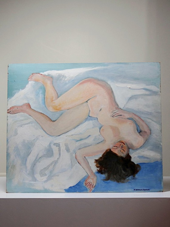 Image 1 of Naakt schilderij van een slapende vrouw, moderne olieverf op paneel, vintage
