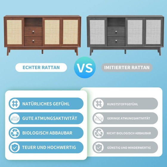 Image 1 of Urban Meuble sideboard in walnut look with 3 sliding rattan doors and 2 drawers 155x38x80cm USOH WALNUT