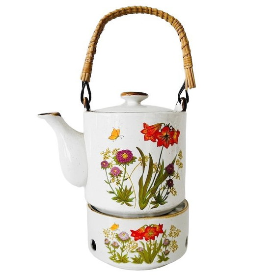 Image 1 of Teiera in ceramica vintage e scaldavivande con fiori selvatici, stile rustico retrò anni '70.