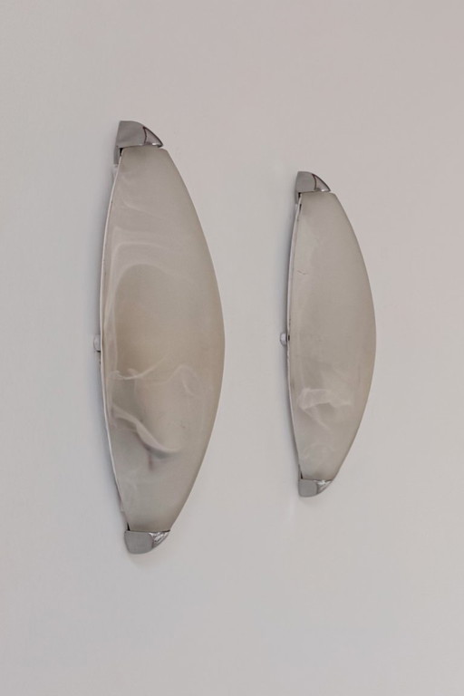 Paire d'appliques vintage en chrome et opaline, France 1990