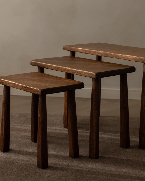 Image 1 of Vintage Brutalist Solid Oak Nesting Tables (Set of 3) – Dutch, 1970s