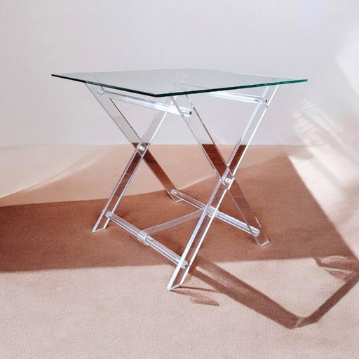 Table d'appoint pliante vintage des années 1970, en plexiglas transparent avec plateau en verre.