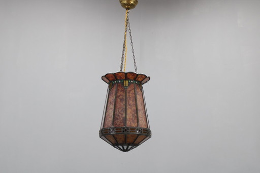 1950s Antique Glass Pendant Light in Tiffany Style 
