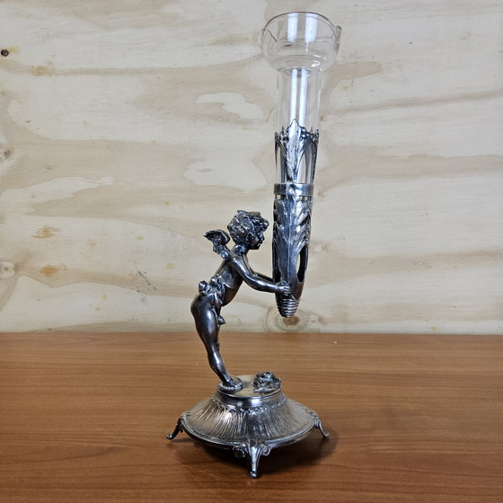Image 1 of Antique silver-plated vase / bougeoir / candlestick cherub / angel