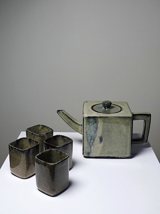 Image 1 of Chinese glazed earthenware tea set, teapot and 4 cups, 1980s