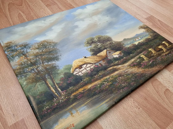 C. Junge - Oil painting Idyllic landscape with thatched cottage – Decorative Objects, Canvas, Wood (photo 7 of 8)