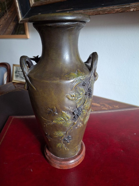 Image 1 of Pair of Art Nouveau spelter vases with triple patina, signed Louis and François Moreau