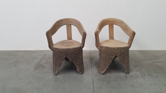 Image 1 of Vintage faux wood cement garden set 4 chairs/table Brutalist 60s France