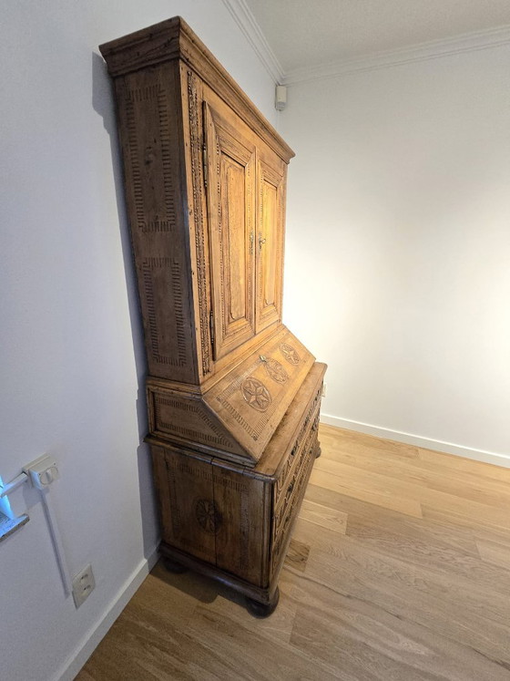 Antieke eiken schrijfkast/secretaire met rijk houtsnijwerk – Bureau, Wood (photo 4 of 10)