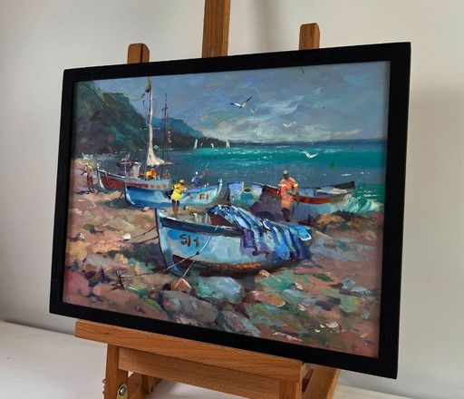 Original Oil Painting Summer Coastal Landscape Fishermen under the light of the sea