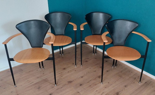 4x postmoderne Esszimmerstühle, 1980er Jahre