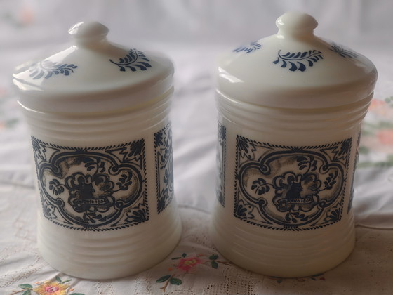 Image 1 of Zeldzame Set Vintage Zwarte Kat / Chat Noir Melkglazen Voorraadpotten – Nieuwstaat!