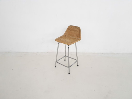 Tabouret de bar en rotin et métal Rohe Noordwolde, Pays-Bas, années 1950