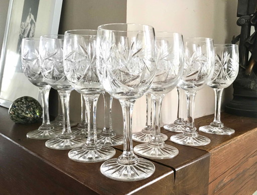 Set Of 12 Bohemian Cut Crystal Wine Glasses