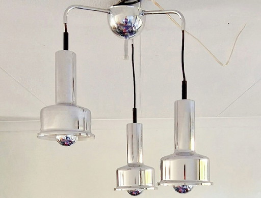 Vintage-Pendelleuchte mit 3 Chromschirmen, dänisches Design