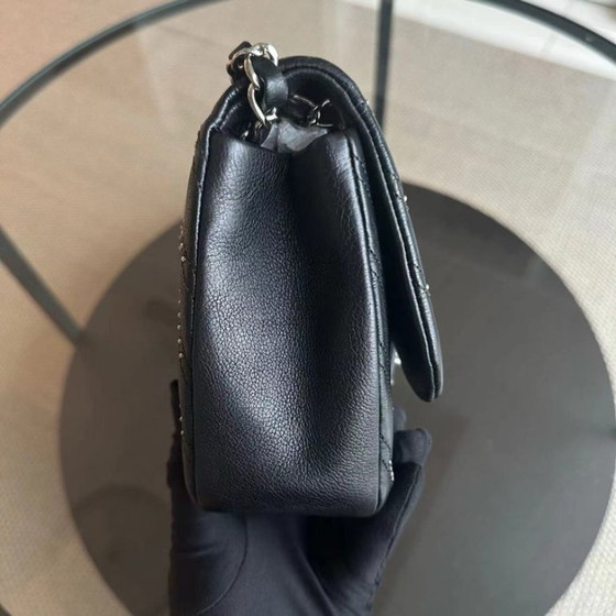Image 1 of Chanel Seasonal Flap - Studded 25CM Chevron Calfskin Black Silver Hardware Series 24