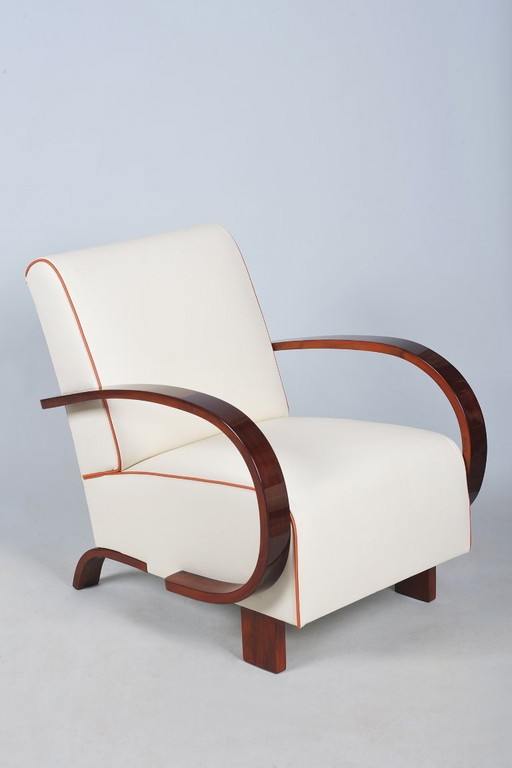 Gerestaureerde art-deco fauteuil, walnoothout, leer, gerestaureerde Poolse afwerking, Tsjechisch, jaren 1930 – Leather, Wood