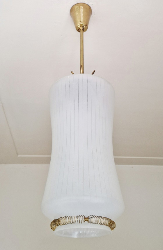Image 1 of Lampada a sospensione vintage - Ca. 1950 - ottone - vetro rivestito - Italia