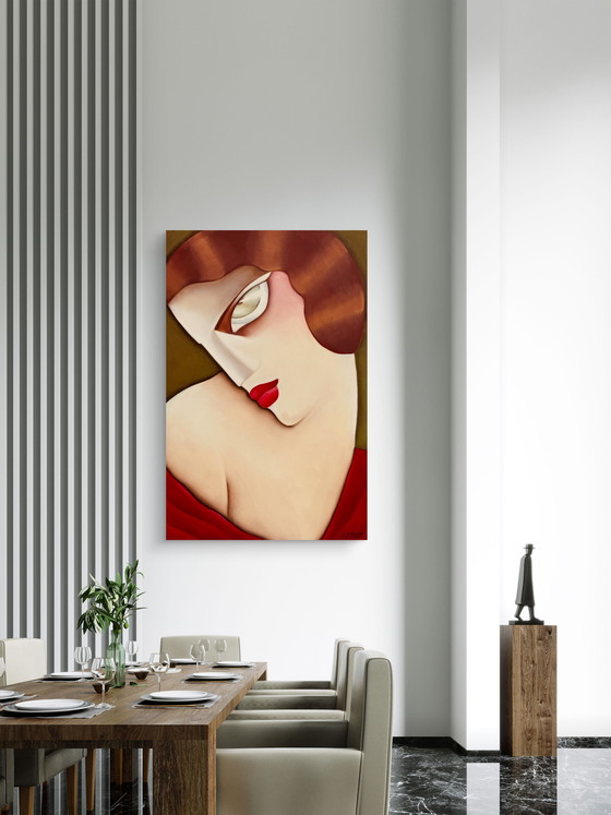 Image 1 of Large Art Deco oil on canvas – Stylized woman signed Ardoon (circa 1980) – 100 x 65.5 cm