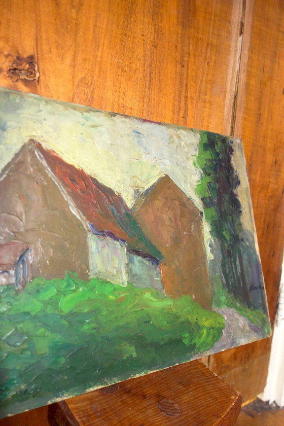 Image 1 of mid century oil painting on board * rustic house scene * french landscape art * textured brushwork