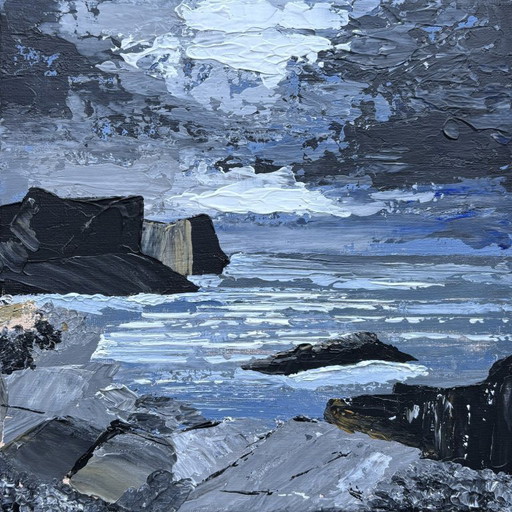 Sky & Stone II – modern abstract coastal landscape – 20x20 cm on 4 cm thick stretcher frame