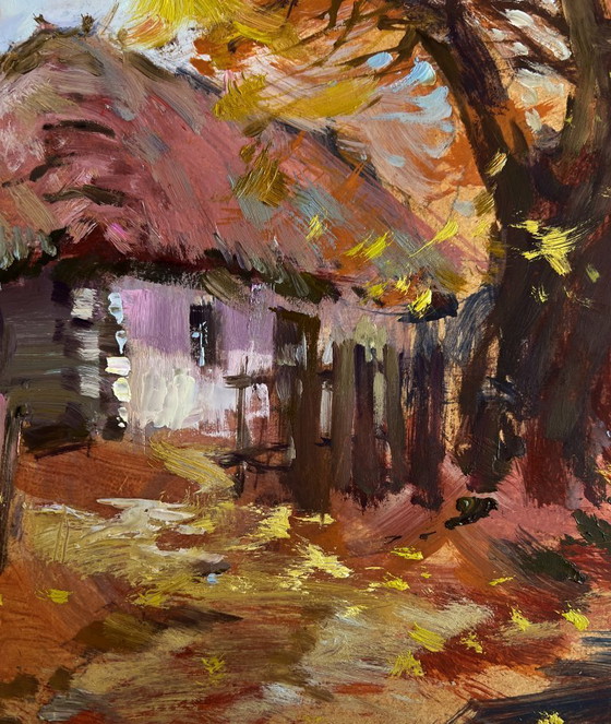 Image 1 of Original Oil Painting Autumn Village Landscape Street in golden leaves