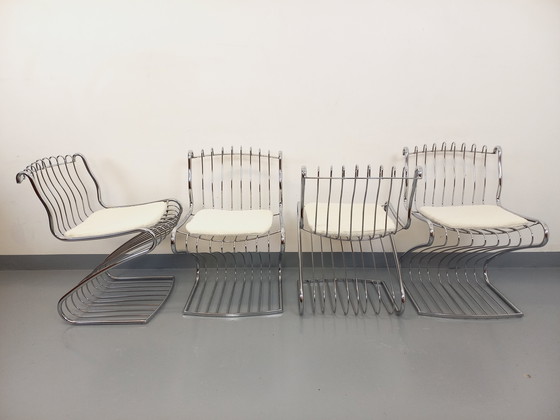 Image 1 of Suite van 4 Gastone Rinaldi Vintage Italiaanse stoelen in verchroomd metaal en Bouclettes stof uit de jaren 70