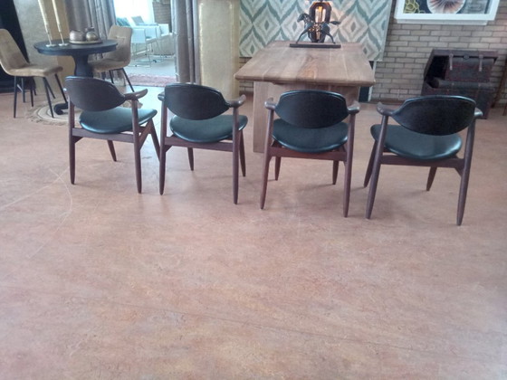 Cowhorn chairs by Tijsseling 4 x, Dining chairs, Wood, Leather, Brown, Mid Century Modern (photo 4 of 5)