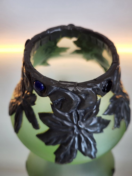 Image 1 of Art Nouveau Loetz vase with green glass, pewter mount, floral decoration