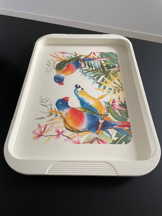Vintage Emsa dienblad met papegaaien 50 cm, Tafelaccessoires, Kunststof, Meerdere kleuren (foto 4 van 13)