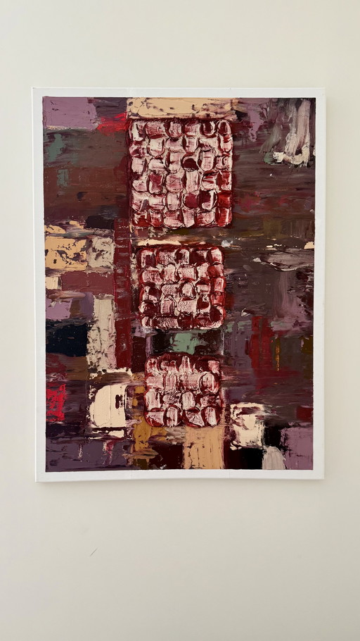 Arte urbana astratta – “Urban Breath” – Pittura contemporanea strutturata in rosso e viola