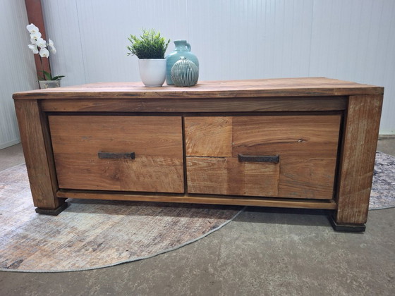 Image 1 of Table basse en teck recyclé avec 4 tiroirs, neuve