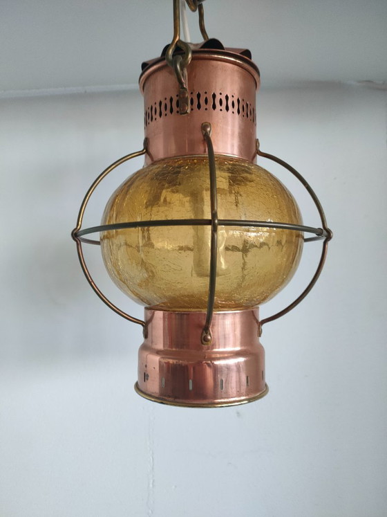 Ship's lantern 360 degrees with spherical amber crackle glass, Pendant lamps, Copper, Yellow, Vintage (photo 11 of 12)