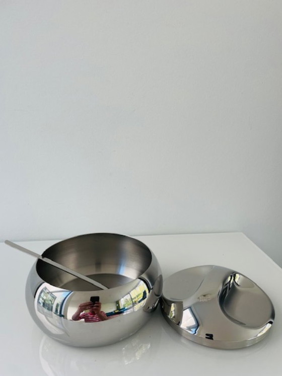 Image 1 of Vintage space age stainless steel sugar bowl with spoon – Tramontina design