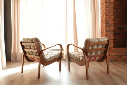 Paar vintage fauteuils gebogen hout beige Scandinavisch ontwerp 1960