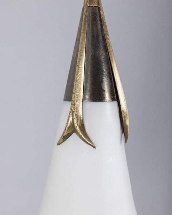 Image 1 of Vintage kroonluchter Stilnovo van messing en opaline glas uit 1960