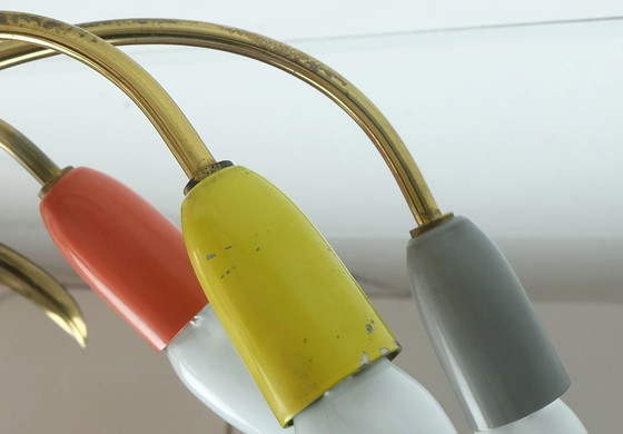 Image 1 of schöne 1950er Mitte Jahrhundert Sputnik Spinne 9-Licht Deckenleuchte Kronleuchter Messing Metall Mitte Jahrhundert stilnovo